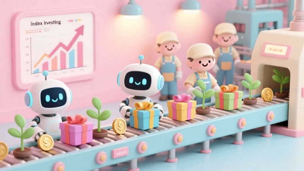 巨大な自動工場にお金社員を預けるインデックス投資のイメージ図